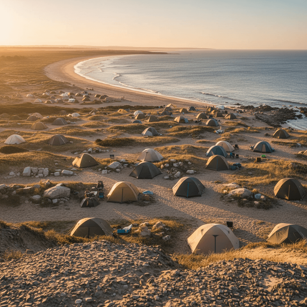 Panorama lengkap area camping Pantai Kebo dengan pemandangan pantai