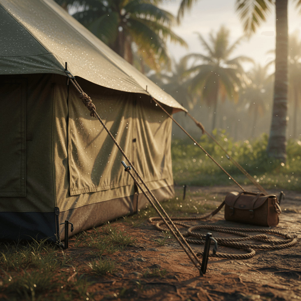 Detail setup tenda camping dengan pencahayaan pagi yang lembut