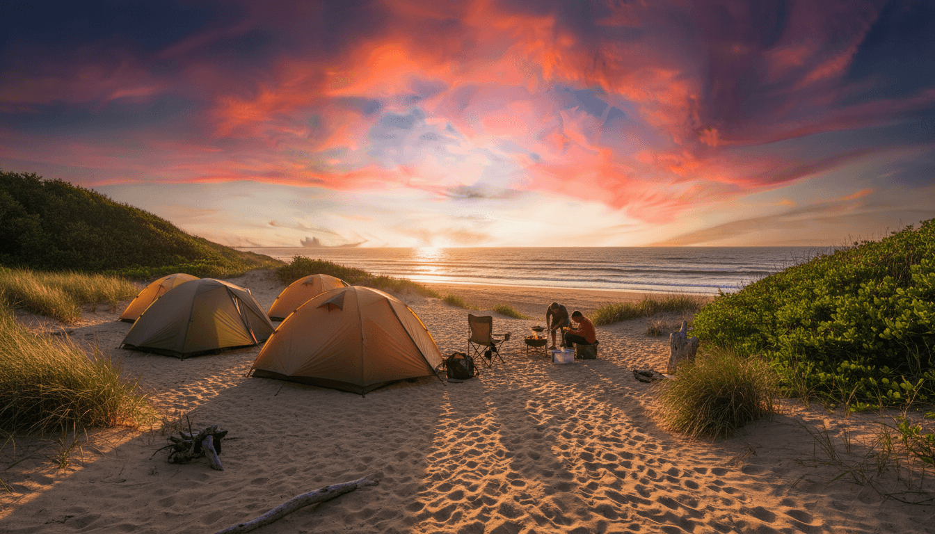 Pemandangan camping di tepi pantai Kebo dengan tenda-tenda di bawah langit senja yang indah
