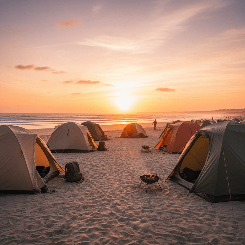 Pemandangan sunset di area camping Pantai Kebo dengan tenda-tenda berkemah