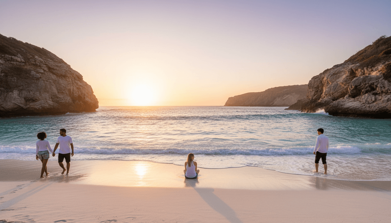 Pemandangan pantai Kebo saat sunset dengan cahaya emas
