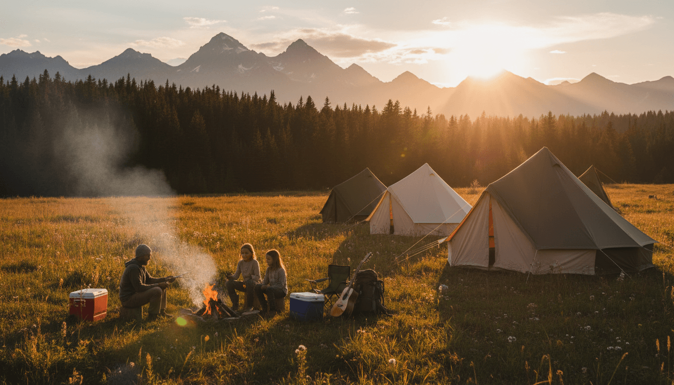 Pemandangan camping pantai yang indah saat matahari terbenam dengan tenda-tenda di pasir dan lautan di latar belakang